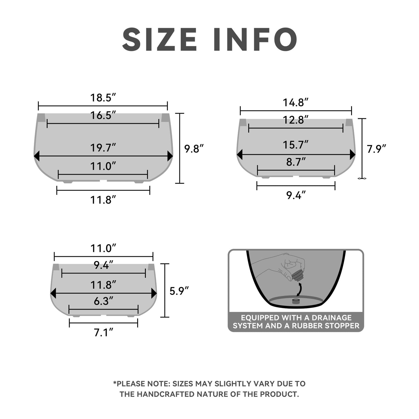 Kante 19.6",15.7",11.8" Dia Round Concrete Planters Set of 3, Outdoor Indoor Garden Plant Pots with Drainage Hole and Rubber Plug, Modern Curvaceous Design, Pure White