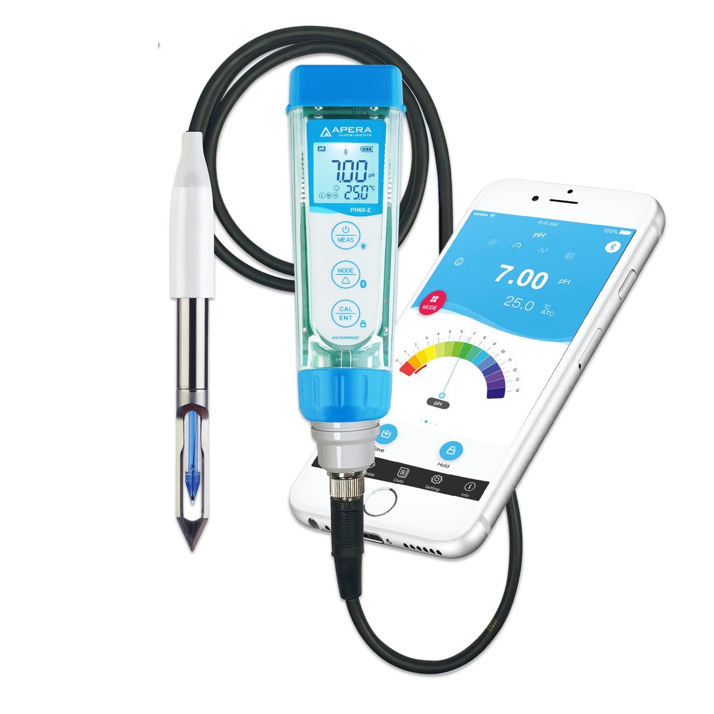 Apera Instruments PH60Z-MT Smart Handheld pH Meter Tester Kit with LabSen 765 pH/Temp. Blade Spear Electrode for Lab-Grade pH Measurement in Meats and Solid Food Samples