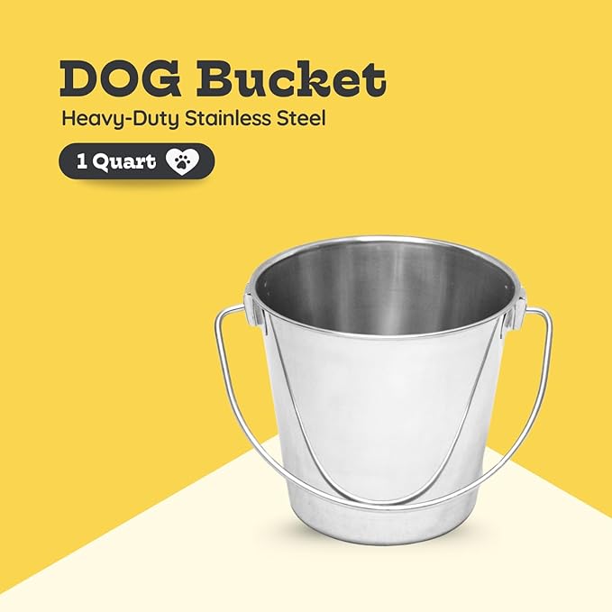 1 Quart Heavy Duty Stainless Steel Round Bucket with Handle | Fits kennel Cage Critter Crates Farm | Durable Food & Water Pail for Small Pet Birds Dog Cat | Livestock Multipurpose Buckets