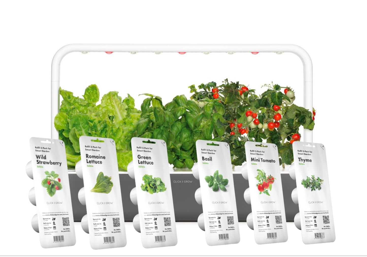 Click and Grow Bundle Smart Garden 9 Gray with 18 Plant Pods: Starter Kit (3 Basil, 3 Lettuce, 3 Mini Tomato) with 3 Wild Strawberry, 3 Thyme and 3 Romaine Lettuce