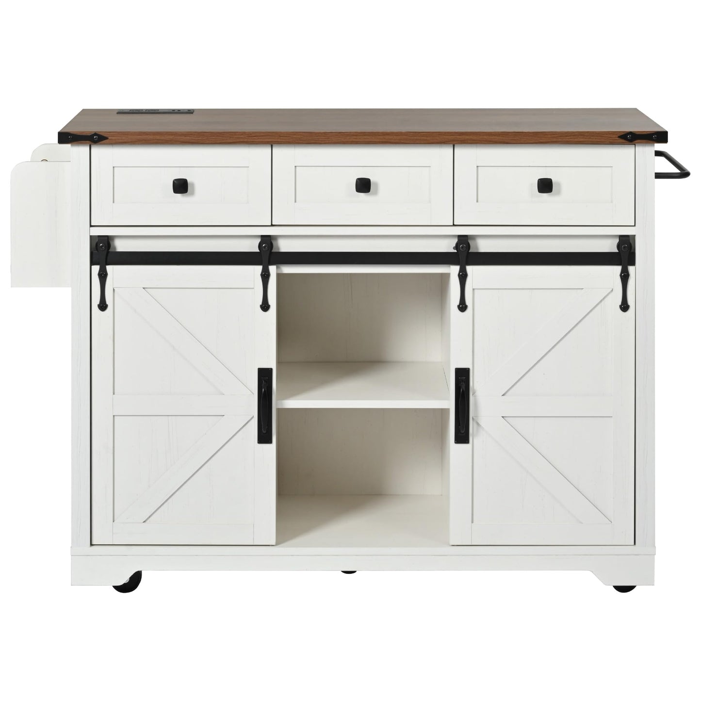Ball & Cast Farmhouse Kitchen Island Cart with Power Outlet,2 Sliding Barn Doors,3 Adjustable Shelves,Dining Storage Island W/Drop Leaf,Spice Rack,Rolling Cart on Wheels,for Kitchen,Dining Room,White
