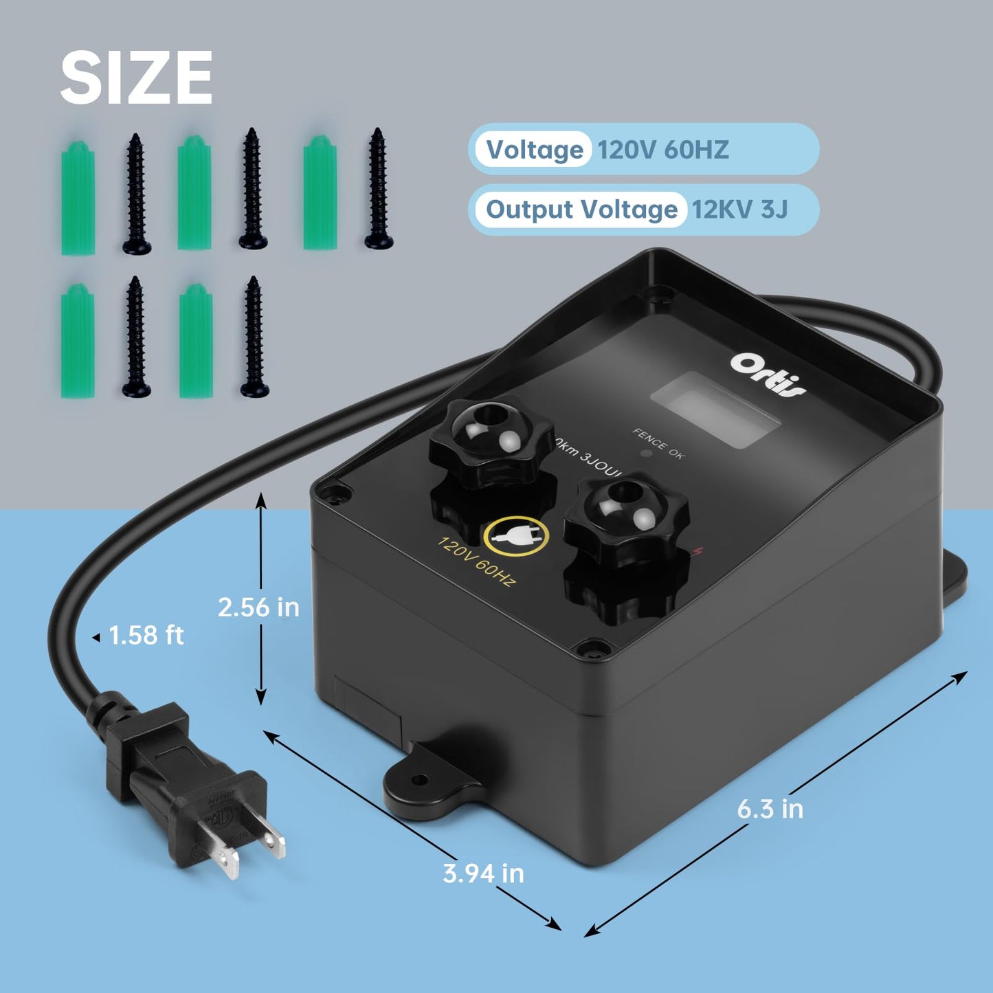 Electric Fence Energizer with LCD Display, Ortis 12,000V 3 Joules Electric Fence Charger, 6.2 Mile Range, Safe & Effective Animal Control for Livestock, Garden & Pasture Protection