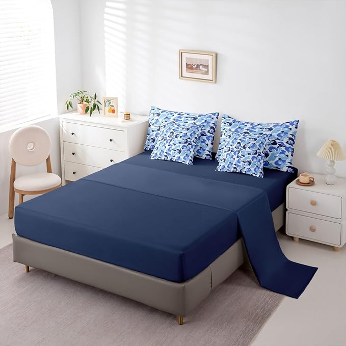 Camo Comforter Set Queen Size 7 Pieces Camouflage Bedding Set for Kids Boys Girls Camo Monkey Bed in a Bag with Comforter, Sheets, Pillowcases, Cushion Covers Hunting Bedroom Decor Blue and Black