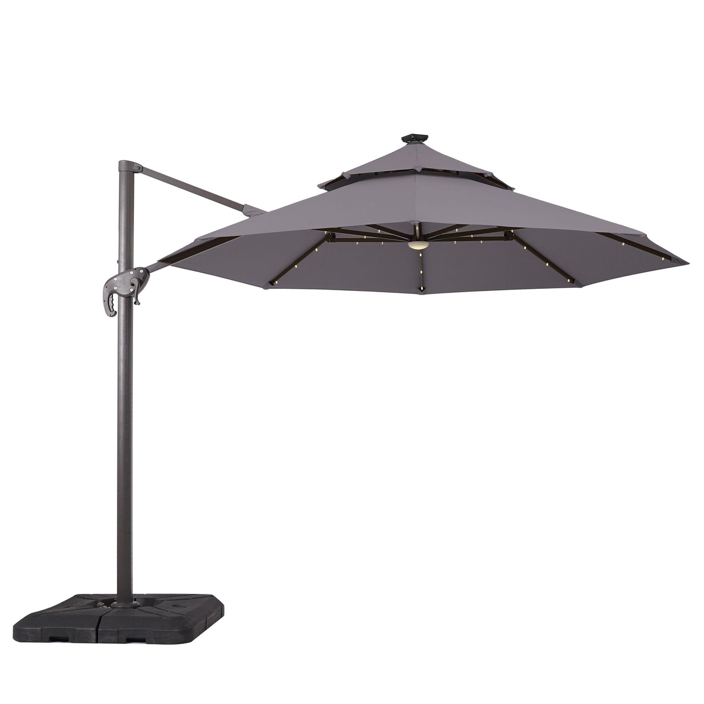 Greemotion Lucin 8-foot Cantilever UV-resistant Shade Rotation Tilt Umbrella with Heavy Base and Built-in Solar Panel LED Light for Outdoor, Porch, Pool, Deck, Grey