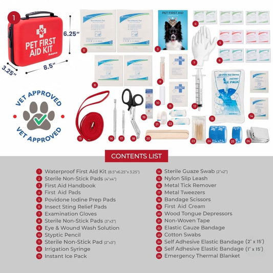 Dog First Aid Kit - Vet Approved Pet First Aid Supplies to Treat Dogs & Cats in an Emergency - Pet First Aid Kit Guide, Tick Remover, Slip Leash & Medical Essentials for Home, Camping, Car, RV, Travel