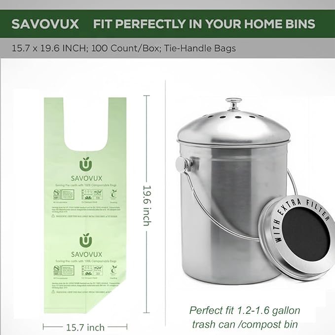 1.2–1.6 Gallon Compostable Bags with Handles, 100 Count Small Kitchen Countertop Bin Liners, Mini Food Scrap Waste Bags, BPI & OK Compost Home Certified