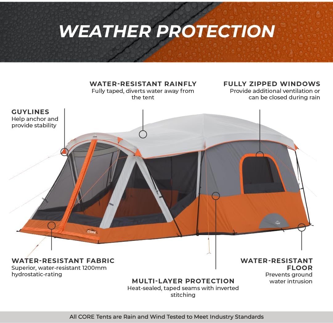 CORE 11 Person Cabin Tent with Screen Room | Large Multi Room Family Tent with Carry Bag for Outdoor Car Camping | Included Storage Pockets for Camping Accessories