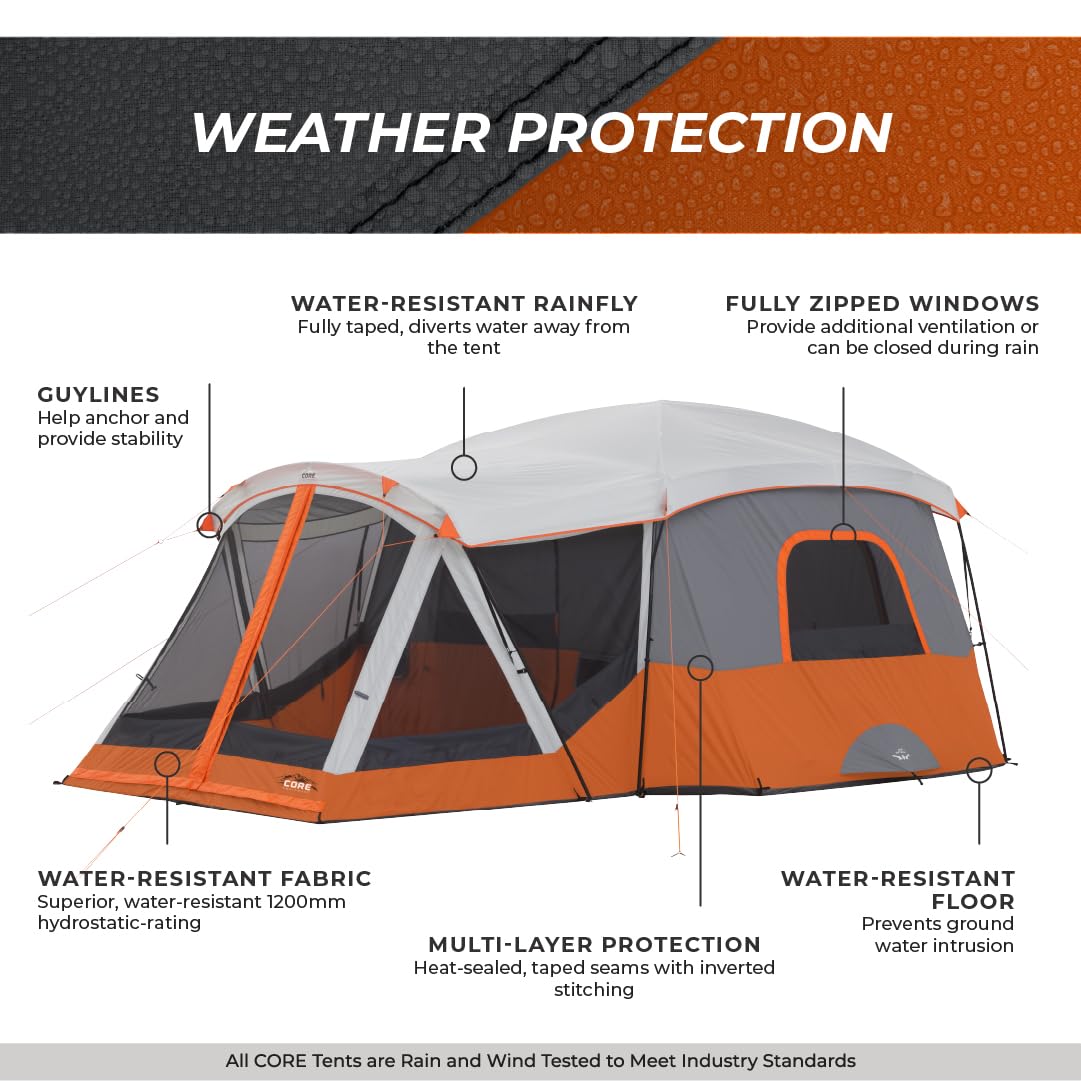CORE 11 Person Cabin Tent with Screen Room | Large Multi Room Family Tent with Carry Bag for Outdoor Car Camping | Included Storage Pockets for Camping Accessories