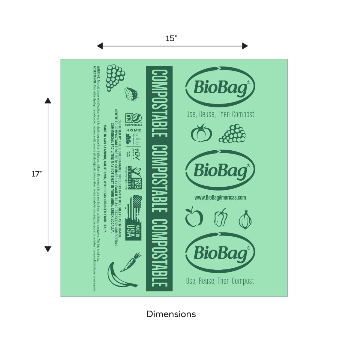 BioBag Compostable Compact Multi-Family Bags, 15" x 17", Green (Pack of 1200)