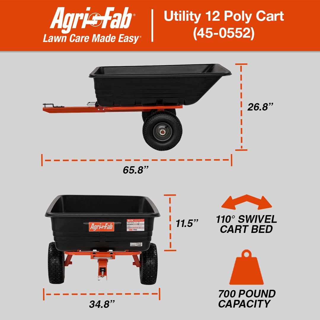Agri-Fab 45-0552 700 lbs Tow Behind Poly Dump/Swivel Cart, 12 CU. FT. Capacity; Lawn & Garden Cart/Trailer for Lawn Mowers, 15" Pneumatics Tires, Easy to Use Hand Dumping Mechanism