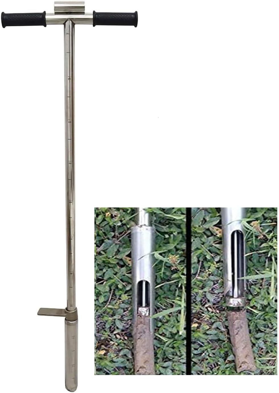 INTBUYING 40’’ Soil Sampler Probe Soil Test Probe with 8’’Sample Ejector and Foot Pedal T Rubber Handle Stainless Steel 1.5inch Dia for Soil Sampling Lawn Garden Farm