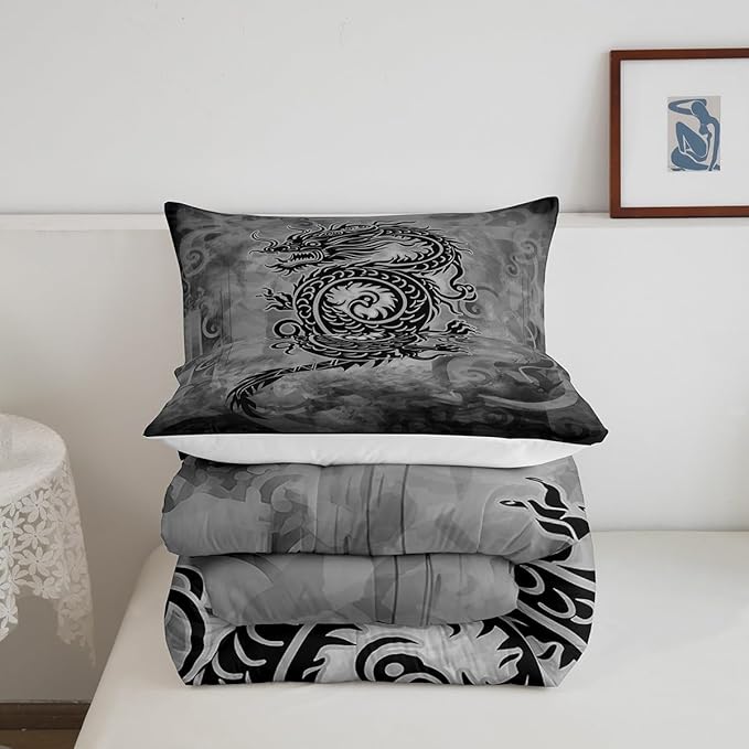 Castle Fairy Dragon Comforter Set,Exotic Chinese Style Wildlife Animal Bedding Set Kids Teens Modern Decor,Vintage Black Gray Graffiti Comforter with 1 Pillowcase for All Seasons,Twin