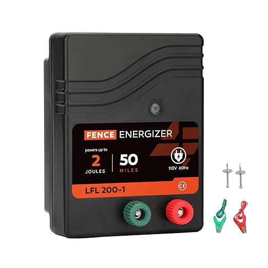 Electric Fence Charger AC Powered 50 Miles 165 Acres, 110 Volt 2 Joule Plug-in Electric Fence Energizer, Output Voltage Max 10 kV for Livestock, Preventing Predators from Intruding