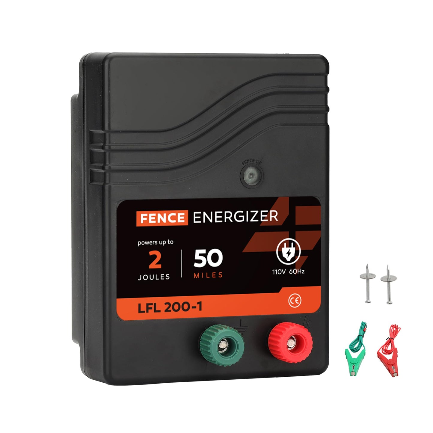 Electric Fence Charger AC Powered 50 Miles 165 Acres, 110 Volt 2 Joule Plug-in Electric Fence Energizer, Output Voltage Max 10 kV for Livestock, Preventing Predators from Intruding