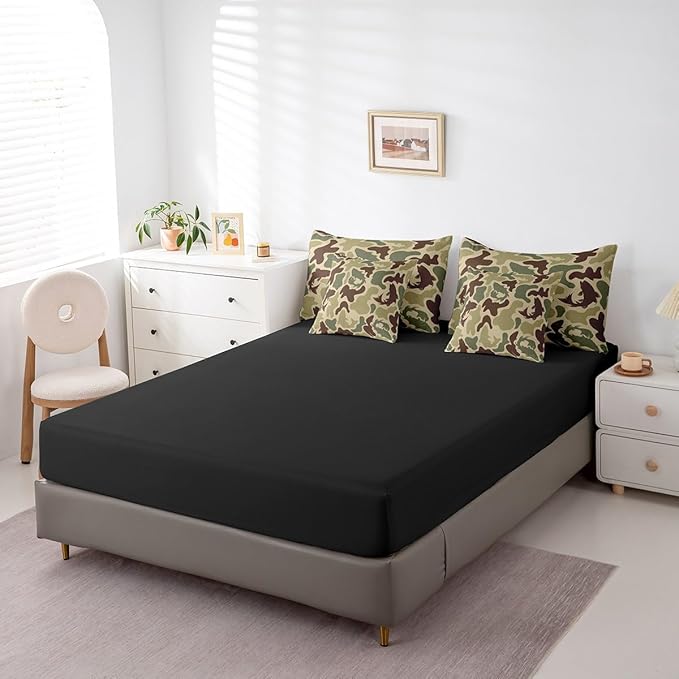 Feelyou Camouflage 7 Pieces Bedding Set Twin Size Green Camo Hunter Bedding Bed Set Set for Boys Teens Decor Pike Fishing Bed Set Includes Comforter, Sheet Set, Pillowcases Hunting Theme Bedroom