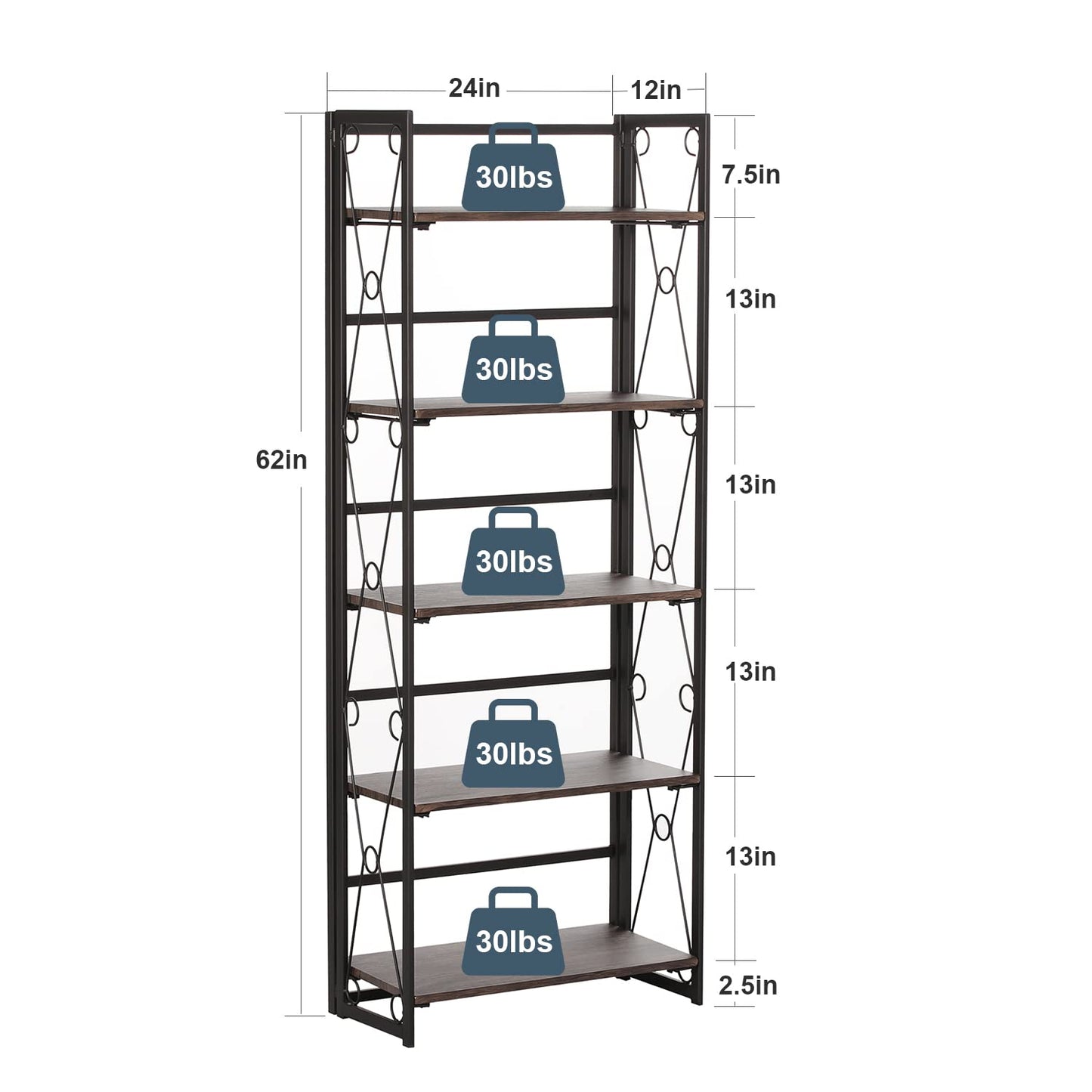 VECELO 2 Set Folding Bookshelf 5-Tier,Industrial Metal Frame & Wood Shelves,Foldable Bookcase No Assembly Free Standing Storage Organizer for Living Room,Office,Bedroom
