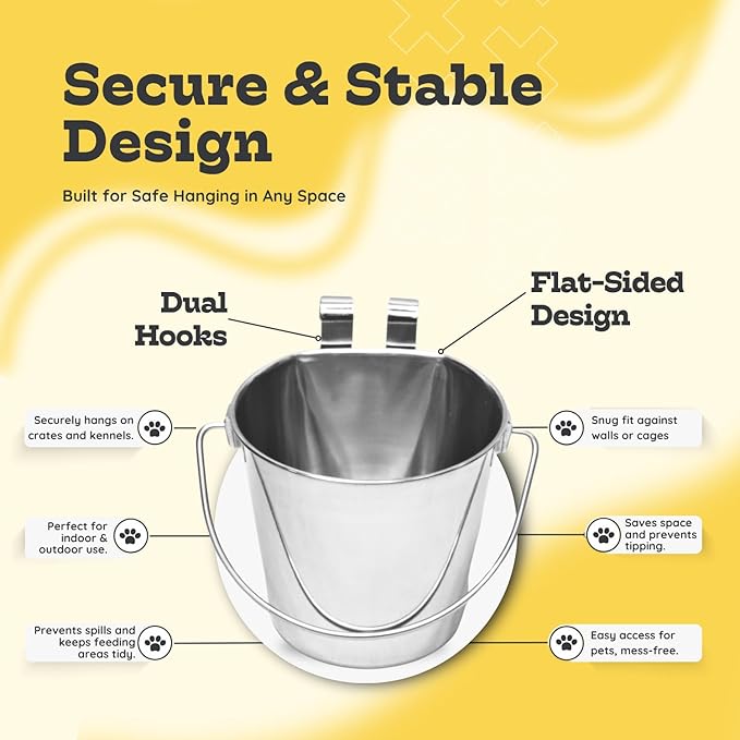 1 Quart Stainless Steel Flat Sided Pail with Dual Hooks | Hanging Bucket for Dog, Cat, Birds & Small Animals | Food & Water Bowl Fits Kennels, Crates & Cages | Multipurpose Use, Pack of 2