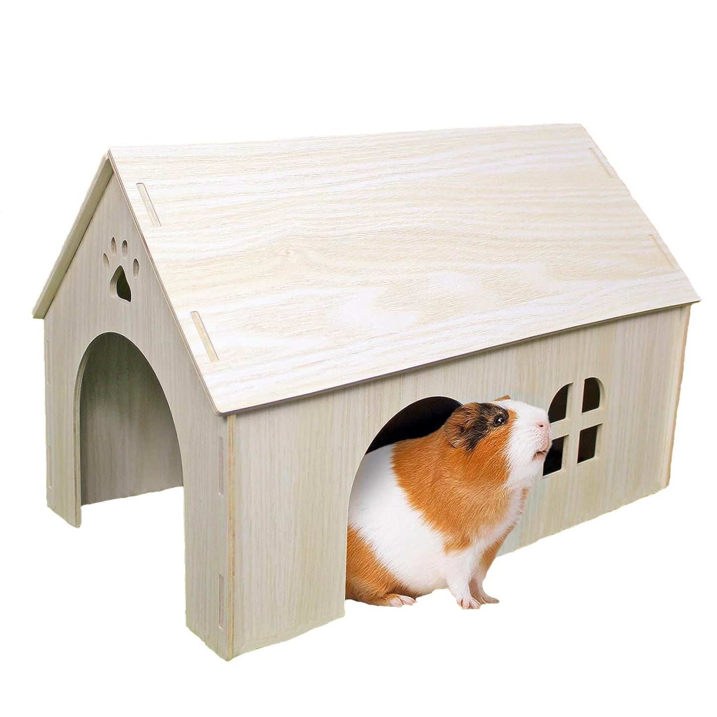Amonk Guinea Pig Hideout 15x9x10 inch Large Size Wooden House with Window and Roof Wood Hut Habitats Decor for Bunny, Chinchillas, Dwarf Rabbits, Hamsters, and Other Small Pet Animals
