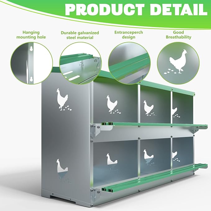 6 Holes Chicken Nesting Boxes for Laying Eggs, Heavy Duty Metal Nest Boxes for Chicken and Poultry to Collect Eggs, Chicken Laying Boxes Hens Chicken Coop Box