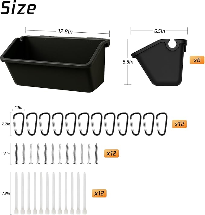 Hanging Chicken Feeder Troughs (6 Pack, 5 Qt) – Durable Black Plastic Poultry Feed & Water Buckets with Metal D‑Clips, Multi‑Animal Goat, Sheep, Duck, Pig, Horse, Chicken Coop Feeder