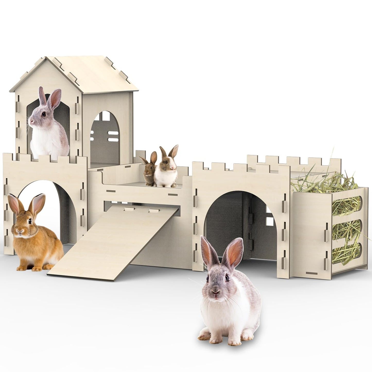 Large Bunny House and Hideouts, Wooden Dual-Layer Rabbit Castle with Stair, Rubber Band-Free Setup - chew-Proof, Sturdy Habitat for Guinea Pig Chinchilla Ferret (Rabbit House with Hay Feeder)