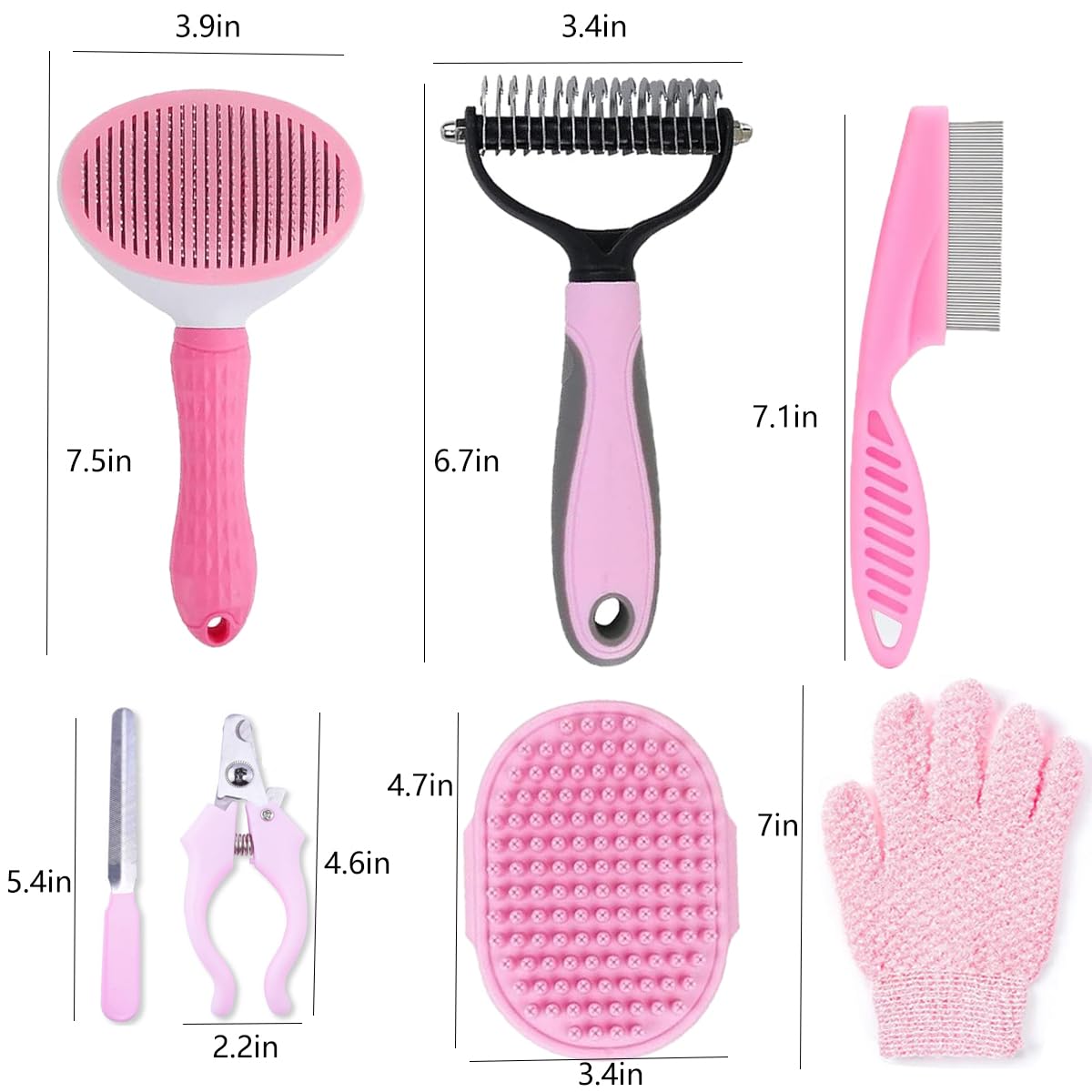 7 PCS Dog Brush Dog Grooming Kits,Dog Shedding Brush，Self-Cleaning Brush with Nail Clipper, Flea Comb and Shampoo Bath Brush