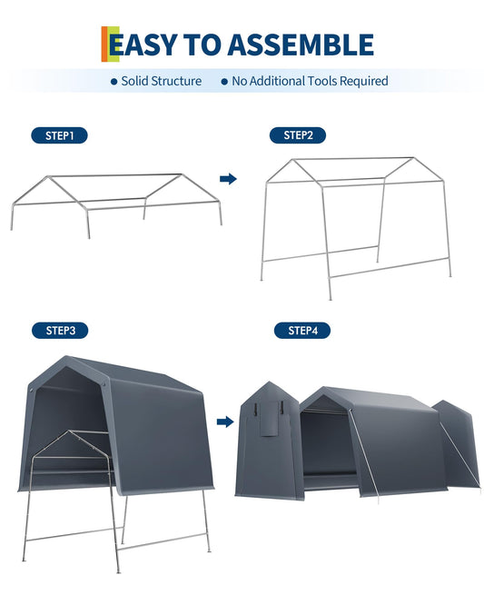 GarveeLife 6x8 FT Portable Outdoor Storage Shed with Roll-Up Zipper Door & Vent, 240G Heavy-Duty Shelter Waterproof PE Tarp, UV-Resistant Carport for Motorcycle, Firewood, Tools -Gray