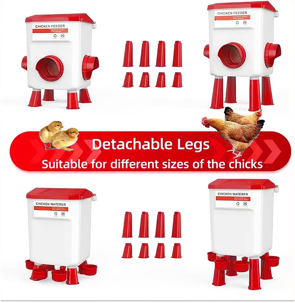 Automatic Chicken Feeder and Waterer Set(4 Buckets/2-3 gallons), 18 Pounds No Waste, Rain Proof Poultry Feeder, Avoid Small Animals, Suitable for Chicken, Duck, Turkey(Red Color)