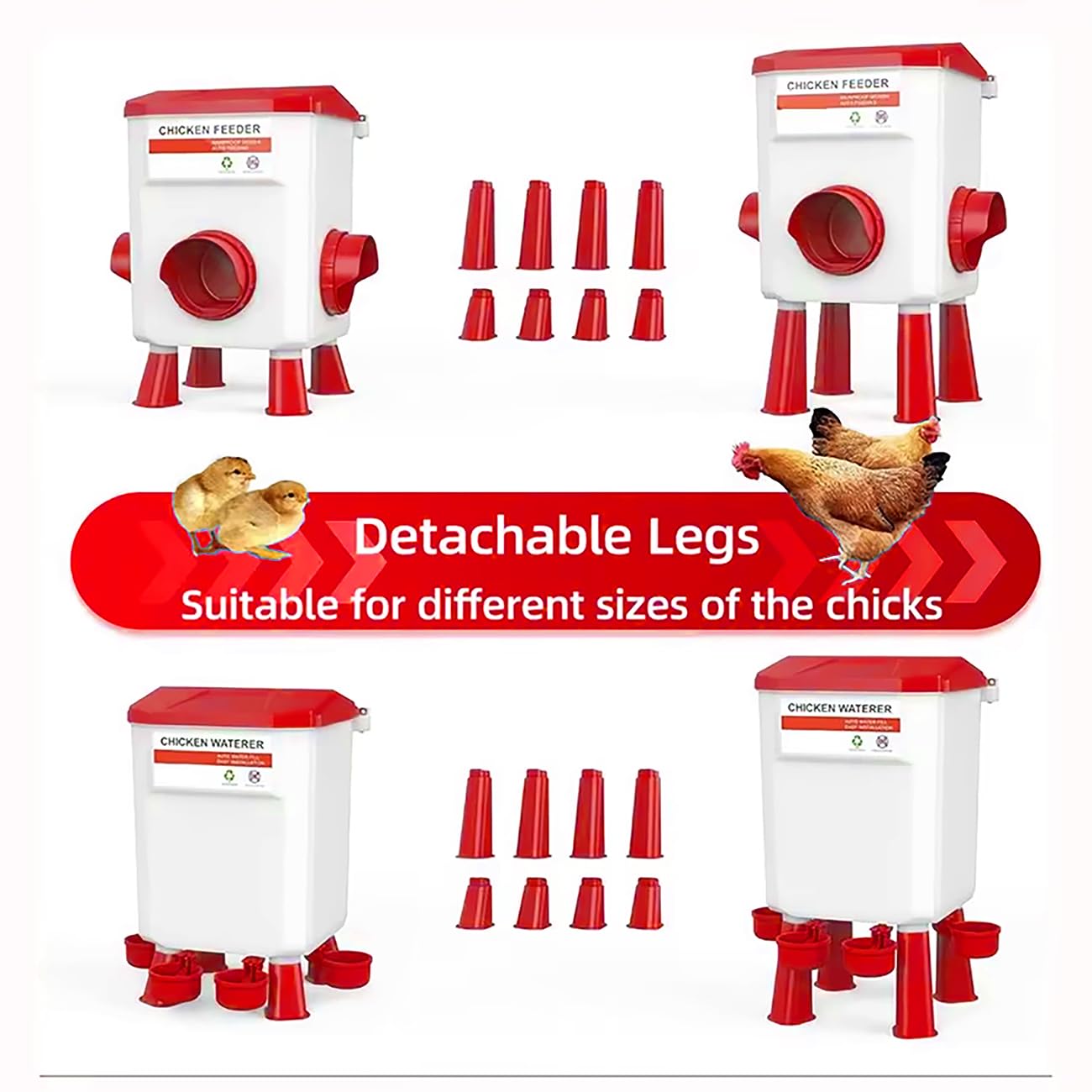Automatic Chicken Feeder and Waterer Set(4 Buckets/2-3 gallons), 18 Pounds No Waste, Rain Proof Poultry Feeder, Avoid Small Animals, Suitable for Chicken, Duck, Turkey(Red Color)
