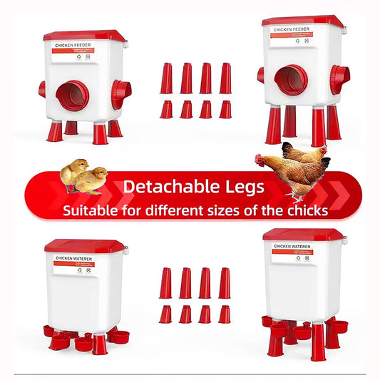 Automatic Chicken Feeder and Waterer Set(4 Buckets/2-3 gallons), 18 Pounds No Waste, Rain Proof Poultry Feeder, Avoid Small Animals, Suitable for Chicken, Duck, Turkey(Red Color)
