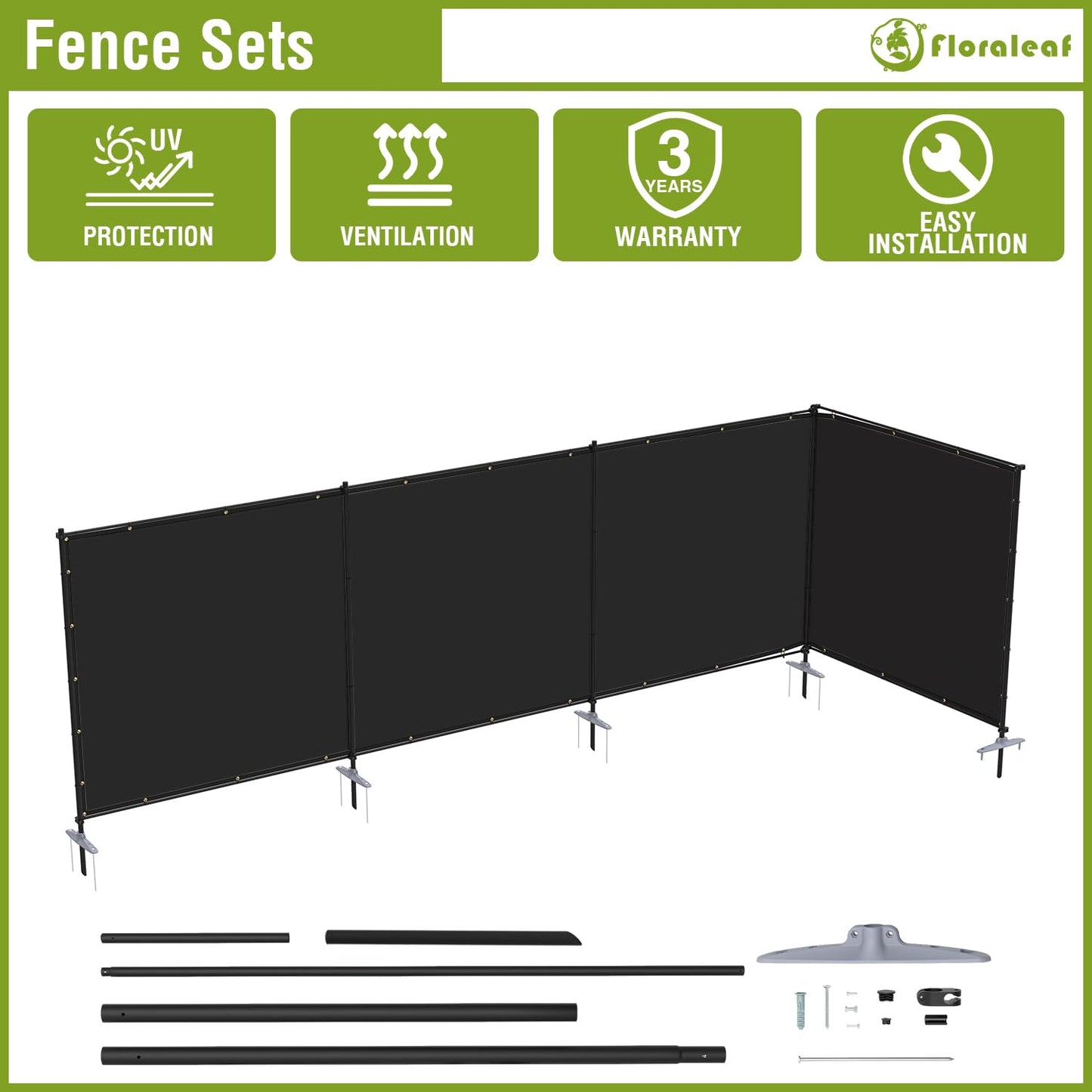 FLORALEAF 6'x24' Outdoor Privacy Fence with Iron Poles Rails Dog Fence for Garden Patio Backyard Yard Temporary Safety Barrier Chicken Metal Fence with Spikes, Black