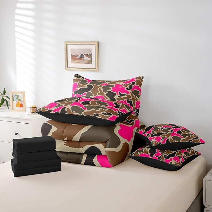 Feelyou Duck Hunter Hot Pink Camouflage Hunting 7 Pieces Bedding Set, King Size Black Brown All Season,Bed in a Bag with Comforter, Sheets, Pillowcases Camo Army Bed Set Breathable Wild Room Decor