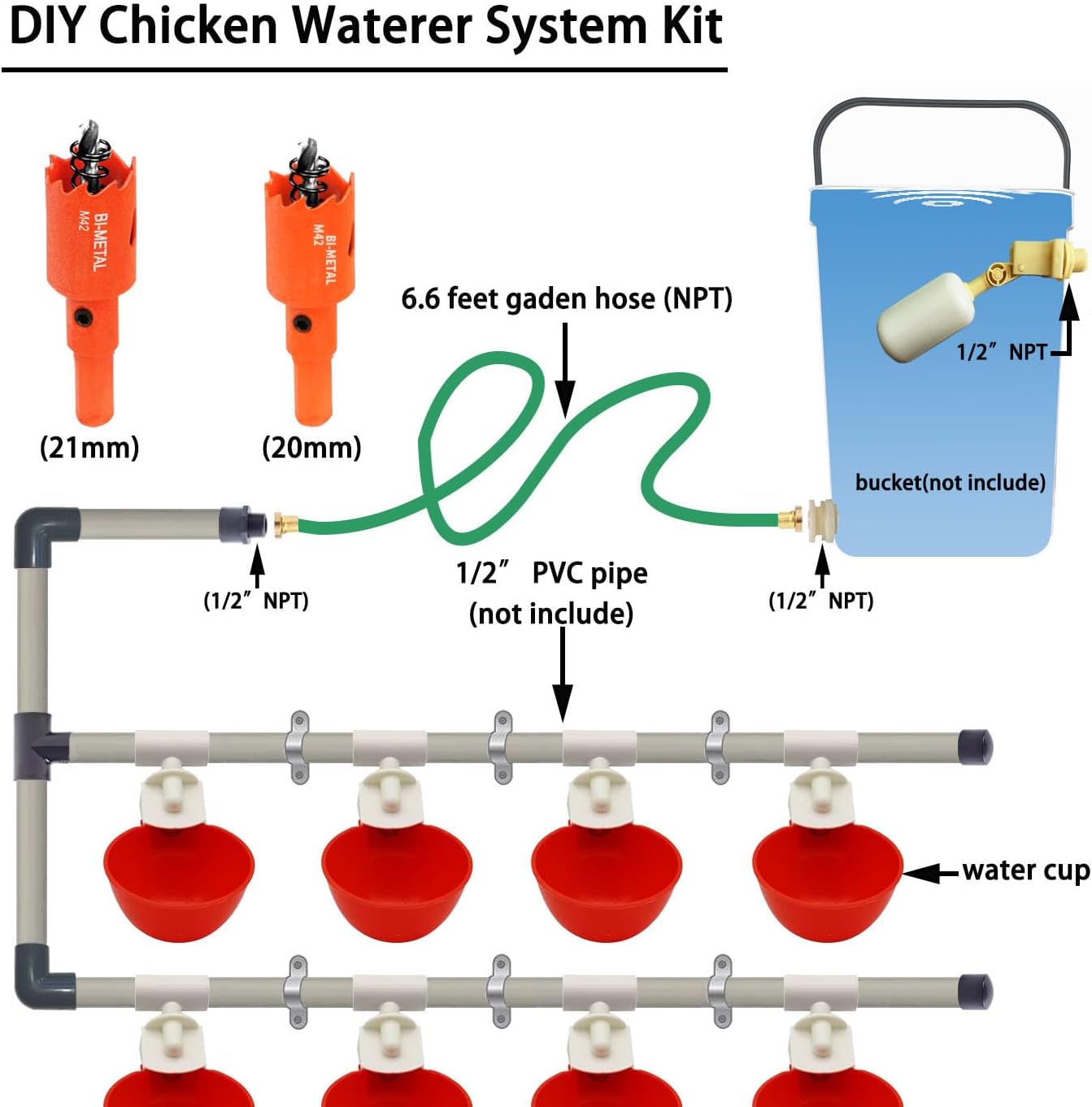 Complete Set Pipeline Automatic Chicken Watering System, 1/2" PVC Tee Fittings & PVC Pipe & Garden Hose, Chicken Water Cups, Poultry Waterer, Automatic Chicken Waterer, Chicken Nipple Waterer