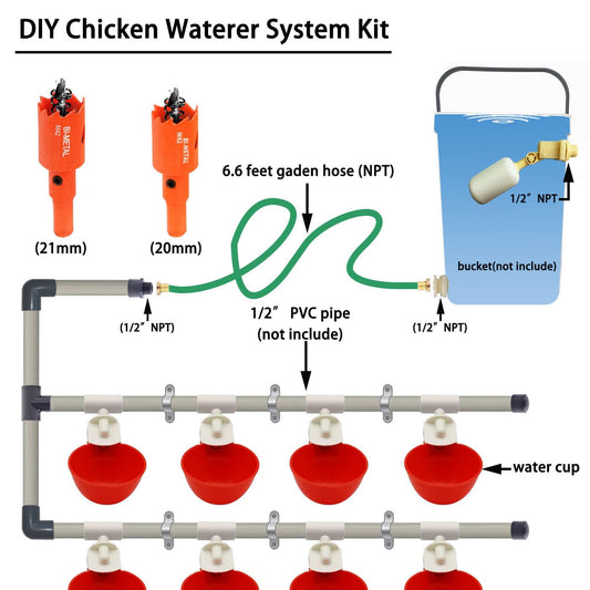 Complete Set Pipeline Automatic Chicken Watering System, 1/2" PVC Tee Fittings & PVC Pipe & Garden Hose, Chicken Water Cups, Poultry Waterer, Automatic Chicken Waterer, Chicken Nipple Waterer