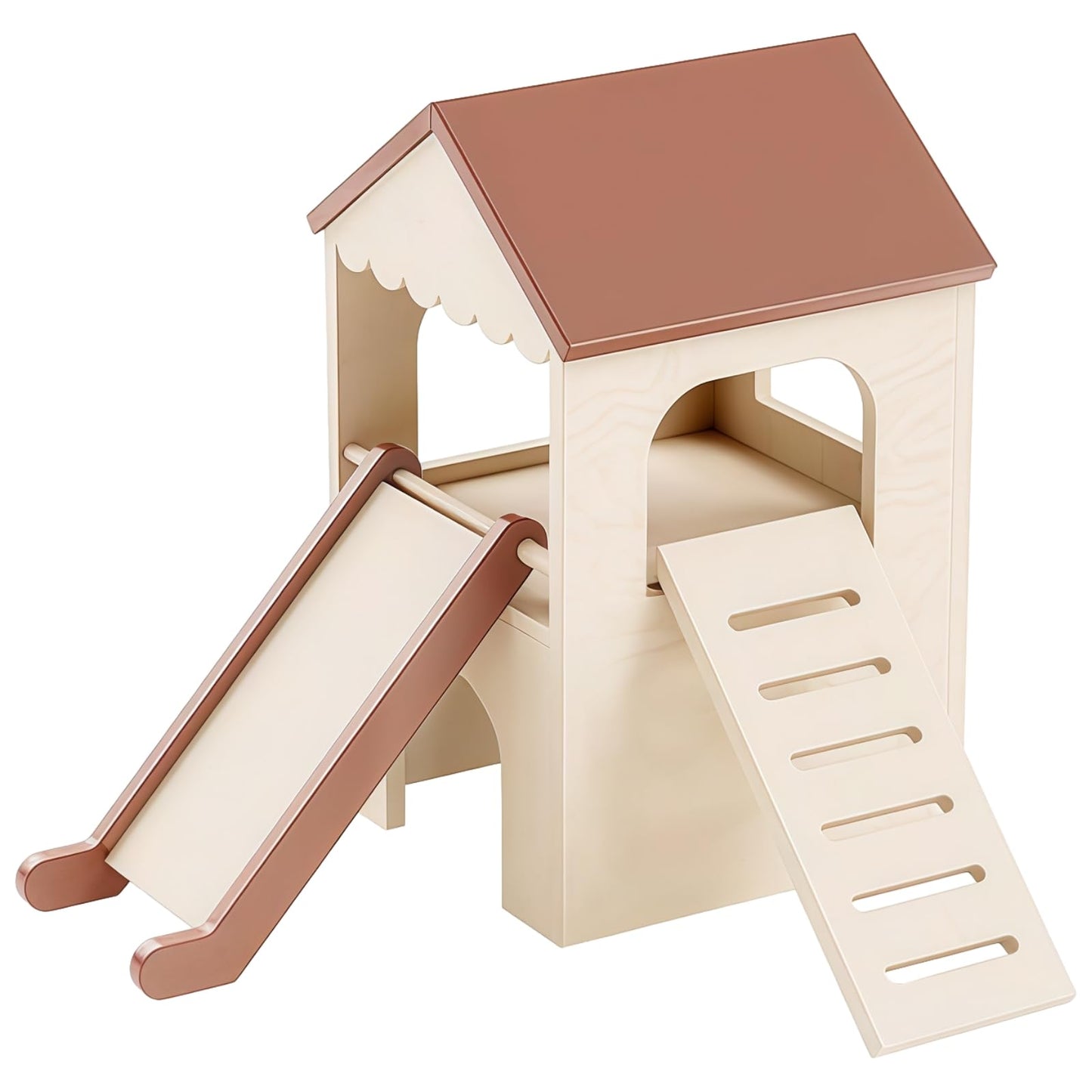 Varku Guinea Pig Wooden Hideout with Loft Slide, Two-Level Design, Adjustable Ramp, Dual Slide, Spacious and Comfortable Hideout for Hamsters, Rabbits Easy to Clean, Sturdy Wood Construction
