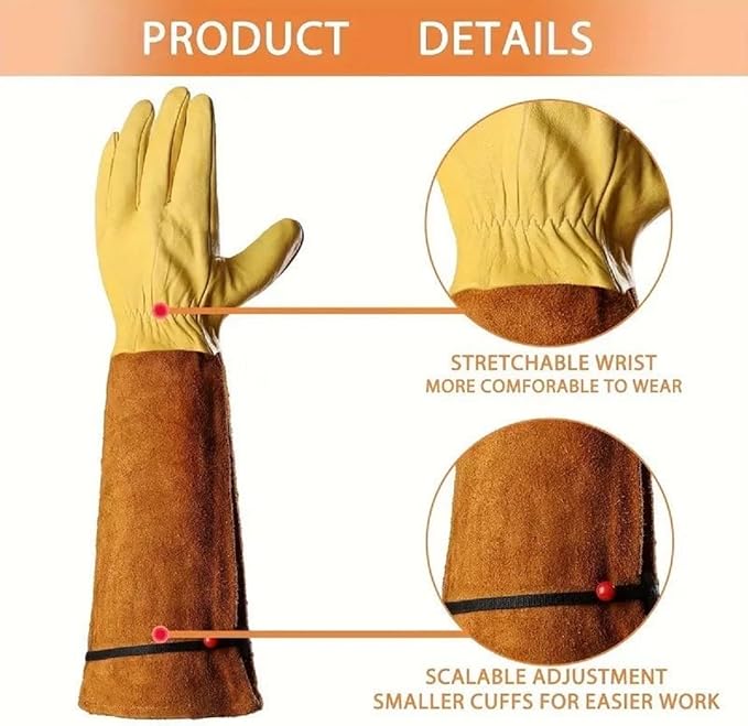Long Gardening Gloves for Thorn Proof,Rose Pruning Cowhide Leather Garden Gloves for Cactus, Rose and Blackberry