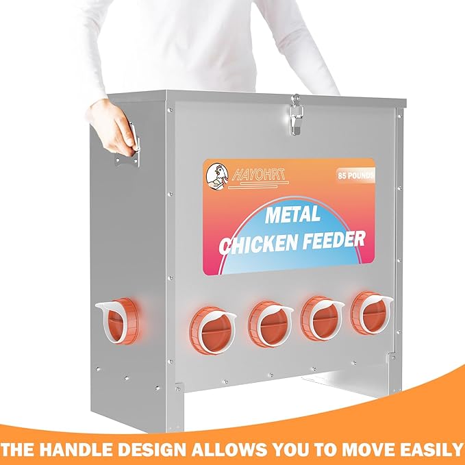 85-120LBS Capacity Chicken Feeder No Waste 10-Ports Automatic Large Poultry Feeder with Latch & Handle for Chickens Bantams Pheasants Poultry Coop Weatherproof