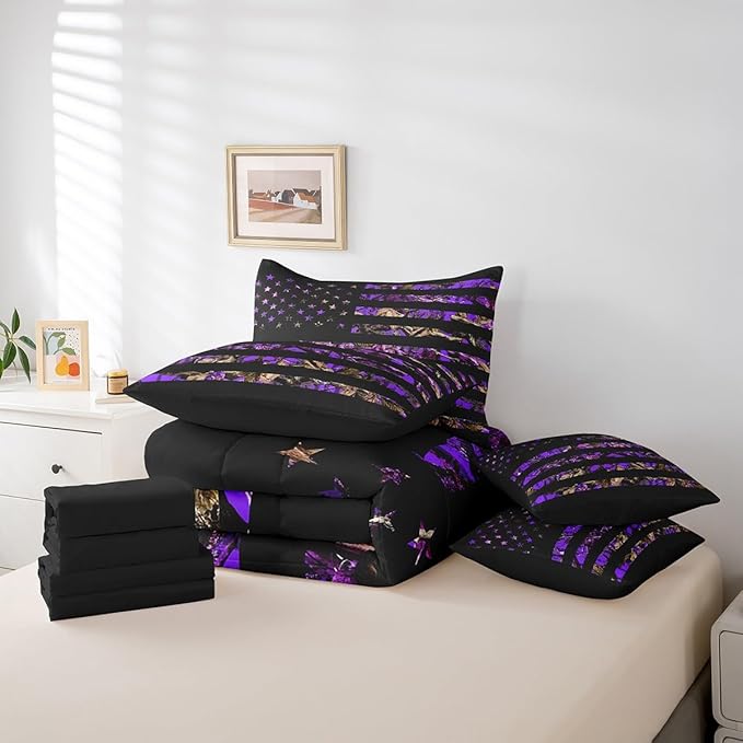 Feelyou American Flag 7 Pieces Bedding Set, King Size Purple Camouflage All Season,Bed in a Bag with Comforter, Sheets, Pillowcases Branch Hunting Bed Set Breathable Camouflage Hunter Room Decor
