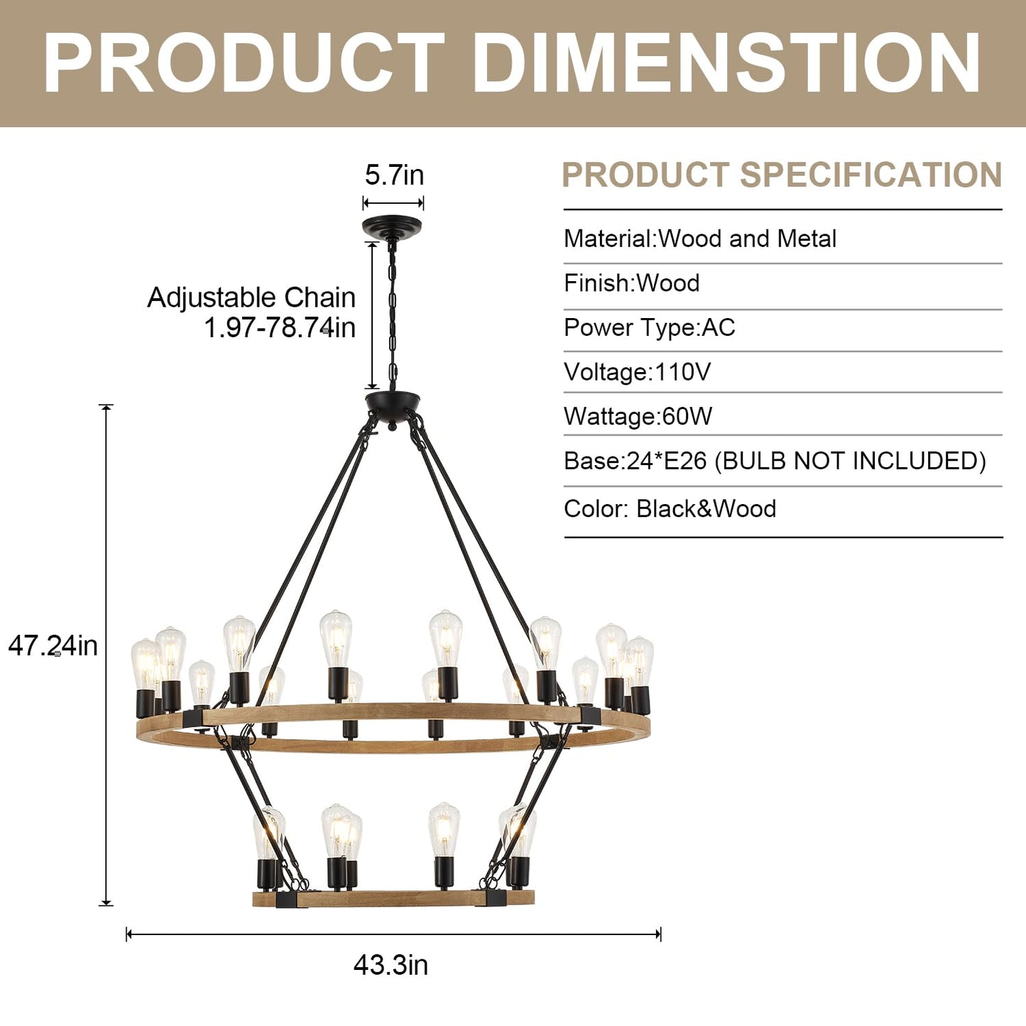 brfaixla 2-Tiers Natural Wagon Wheel Wood Chandelier Farmhouse 24-Light(16+8) 43.34’’, Black Metal Chandeliers 2-Story Rustic Light Fixtures for High Ceiling Living Dining Room Foyer