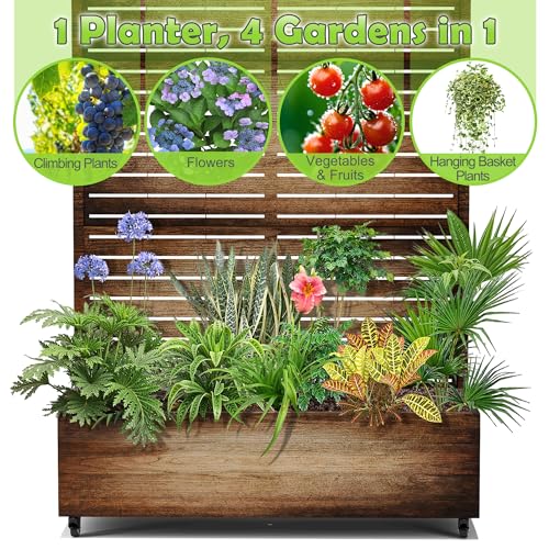 15.7"×70.9"×47.2" Metal Raised Garden Bed with Trellis and Wheels - Tall Trellis Planter Box for Climbing Plants, Vegetables & Vines - Outdoor Privacy Planters for Patio (Acacia Wood Grain-Louvered)