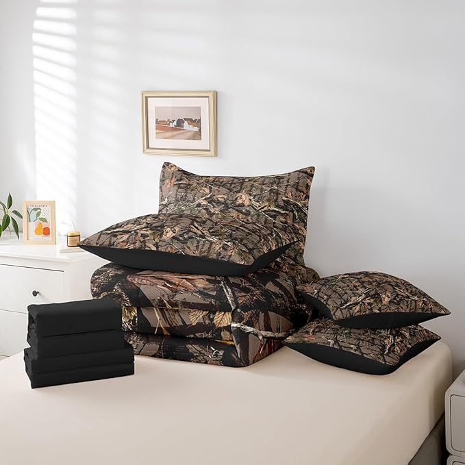 Feelyou Tree Branches 7 Pieces Bedding Set, for Kids Wild Hunting Leaf Bed Set Full Size Botanical Tree Bed in a Bag with Comforter, Sheets, Pillowcases Bedroom Decor Nature Theme Dark Brown