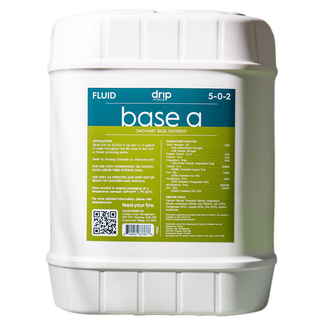 Drip Hydro Base A 5 Gallon | Liquid Nutrient Solution | Essential Macronutrients & Chelated Micronutrients for Hydroponics & Soil Cultivation