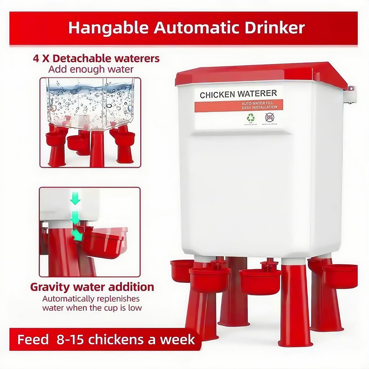 Automatic Chicken Feeder and Waterer Set(4 Buckets/2-3 gallons), 18 Pounds No Waste, Rain Proof Poultry Feeder, Avoid Small Animals, Suitable for Chicken, Duck, Turkey(Red Color)