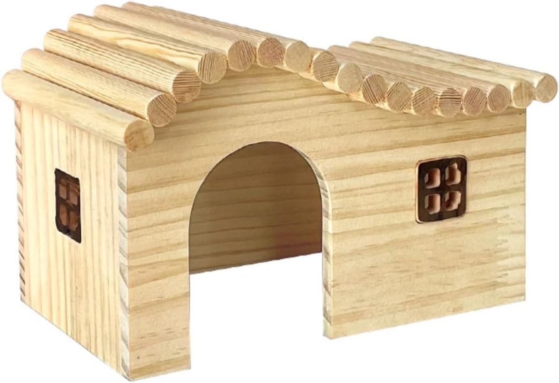 Guinea Pig Wood Hideout Hut with Window Small Animal Wooden House for Rat Chinchilla Hedgehog Hamster Rabbit Bunny (Small)