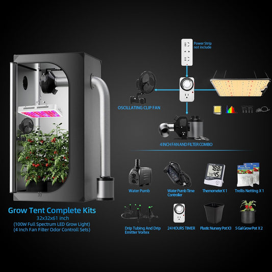 Upgrade 32X32 Integrated Grow Tent Complete Kits System S1000 LED Grow Light Grow Tent Kit 4" Fan Filter and Humidifier (Fan Filter+LED Light+Grow Tents+Irrigation Kit+Clip Fan+Heater+Humidifier)