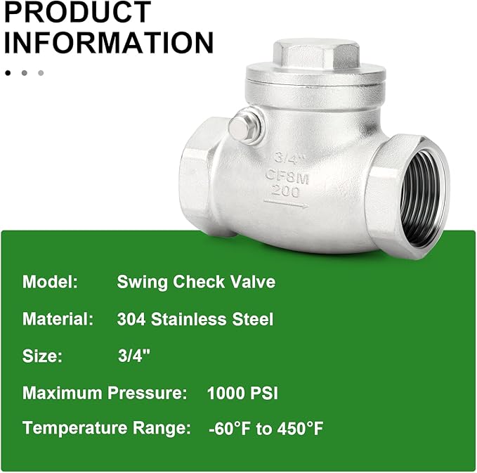 TAISHER 1PCS 304 Stainless Steel 3/4" Female Swing Check Valve，Backflow Prevention, One Way Check Valve CF8 WOG 1000