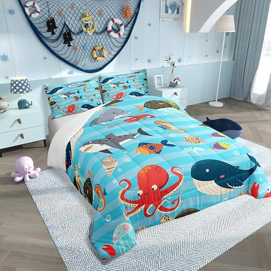 Kids Cartoon Ocean Comforter,Whale Shark Dolphin Comforter Set Full Size,Lovely Under Sea Animal Bedding Set All Seasons,Blue Sea Wave Bedroom Down Duvet,1 Comforter&2 Pillowcase