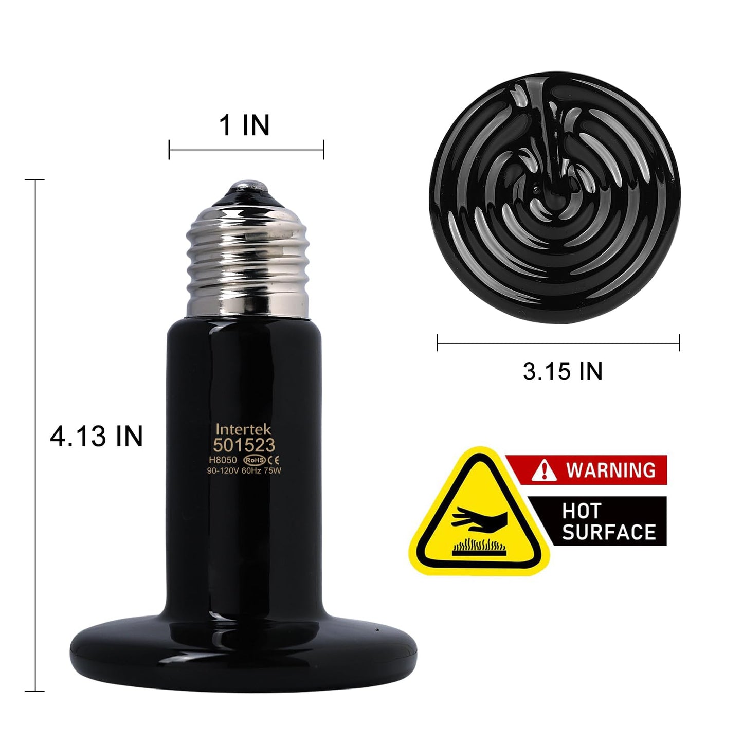 FIVEAGE 2 Pack 75W Black Ceramic Heat Emitter, Reptile Infrared Heat Lamp Bulb, No Light Emitted, Pet Brooder Coop Heater for Amphibians and Reptiles, Lizard, Turtle, Aquarium, Snake