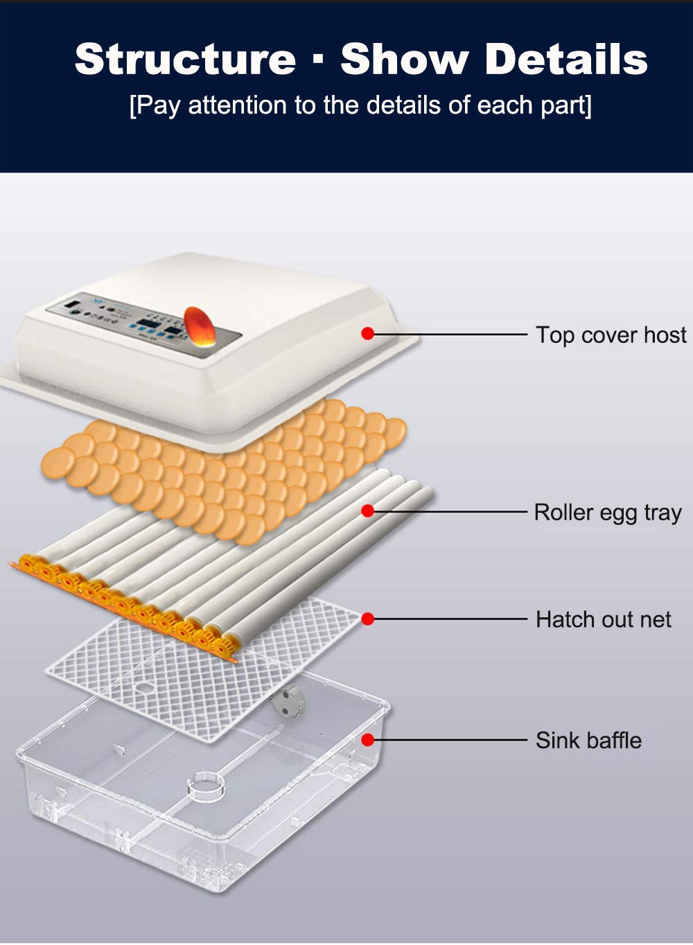 JAEDO Automatic Egg Incubator 150~180 Egg Incubator Digital Automatic Hatcher with Egg Turning for Chickens Ducks Goose Birds