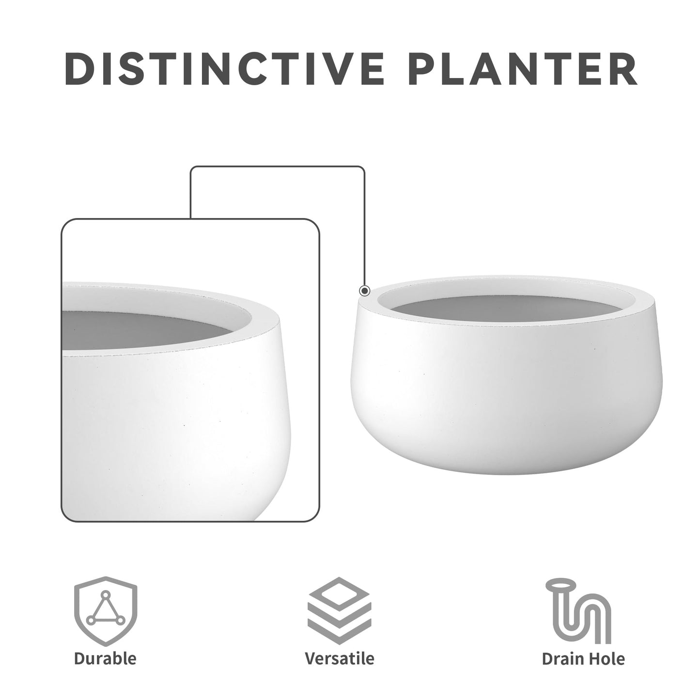 Kante 19.6",15.7",11.8" Dia Round Concrete Planters Set of 3, Outdoor Indoor Garden Plant Pots with Drainage Hole and Rubber Plug, Modern Curvaceous Design, Pure White